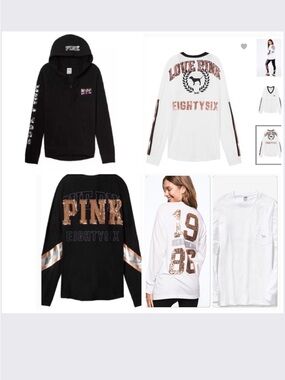 4 NWT VS PINK NYC BLING HOODIE, BLING ROSE GLOD CAMPUS LONG SLEEVE TEE BUNDLE